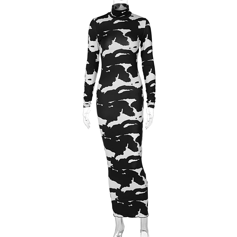 Damesmode Herfst Lange Mouw Print Bodycon Potlood Lange Jurk Streetwear 2024 Herfst Kleding Groothandel Artikelen