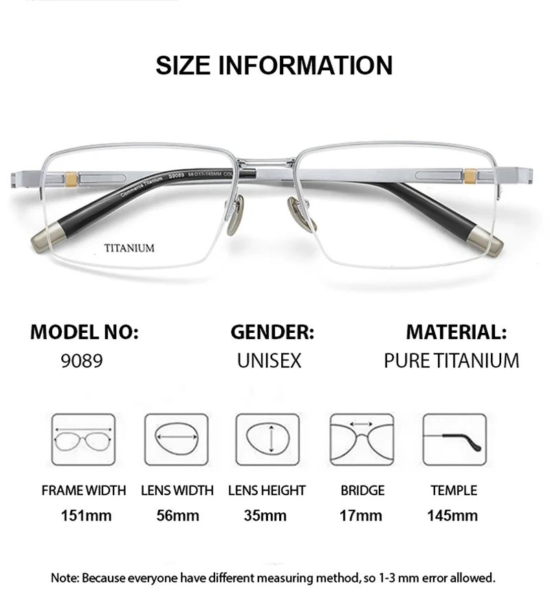 KIZN نظارات طبية للرجال عالية الجودة شبه حافة إطار نظارات من التيتانيوم النقي وصفة طبية لعدسات الرؤية متعددة البؤر واسعة Fi