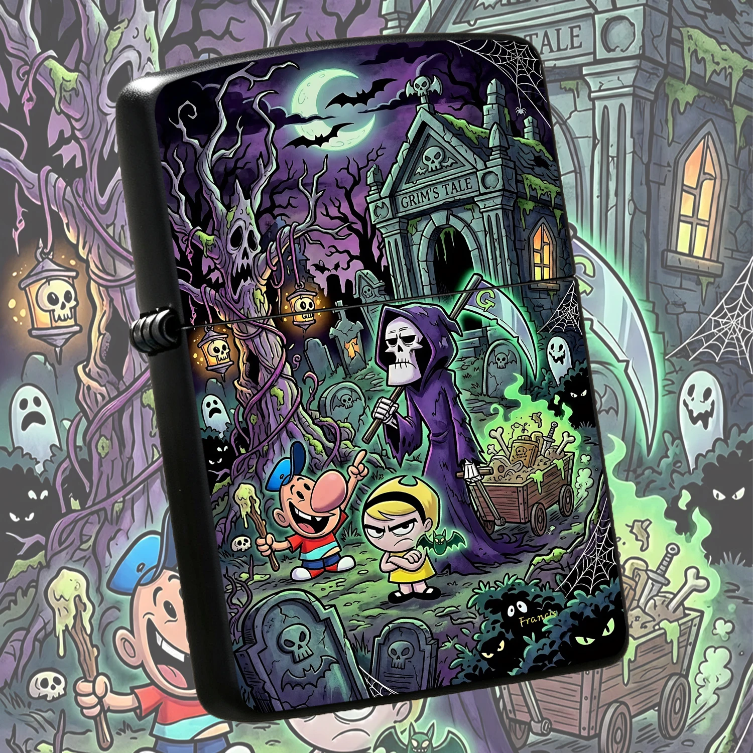 Grim Adventures Themed Portable Decorative Lighter, Vibrant Graveyard Scene Print, Spooky Fun Art Design, Compact Handheld Accessory For Daily Use, Party Favors, Halloween Decor Collectible, Smooth Touch Long Lasting Vivid Pattern, Ideal Gi