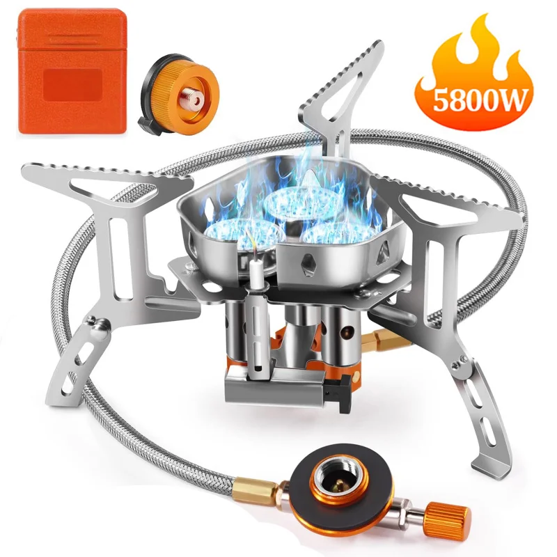 Estufa de Gas para Camping de Alta Potencia de 5800W, Estufa de Gas para Exteriores Resistente al Viento, Ideal para Cocinar y Hacer Senderismo - Incluye 1 Adaptador y Accesorios
