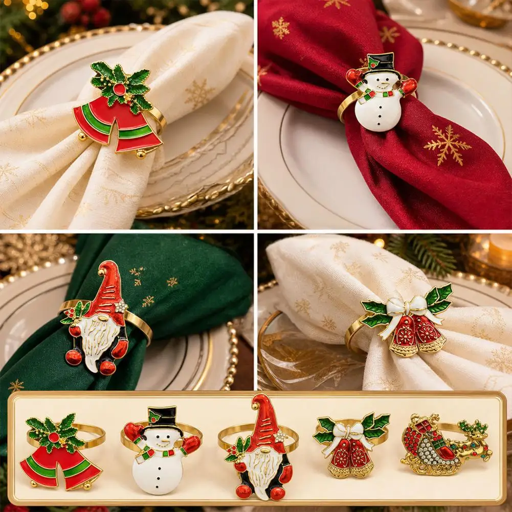 Holiday Table Decor Holiday Gift for Home Christmas Napkin Rings Metal Holders Gnome Bell Snowman Deer Designs Reusable Holiday
