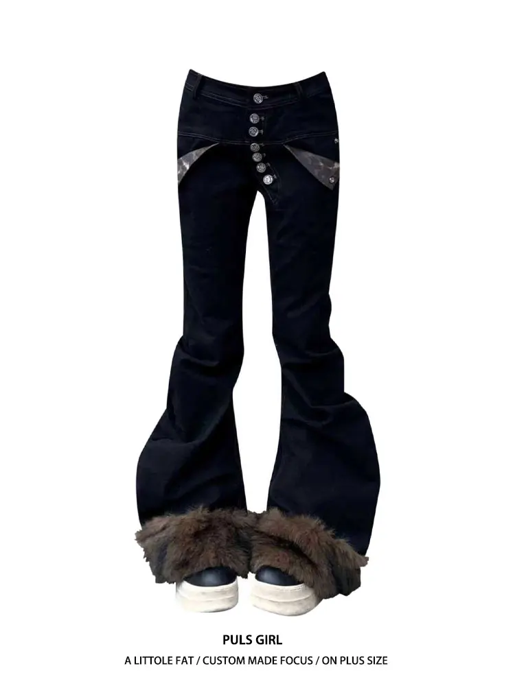 

plus Size American Style Spicy Girl Design Button Micro Flared Jeans Women Winter New Slimming Fur Patchwork Long Trousers Tr...