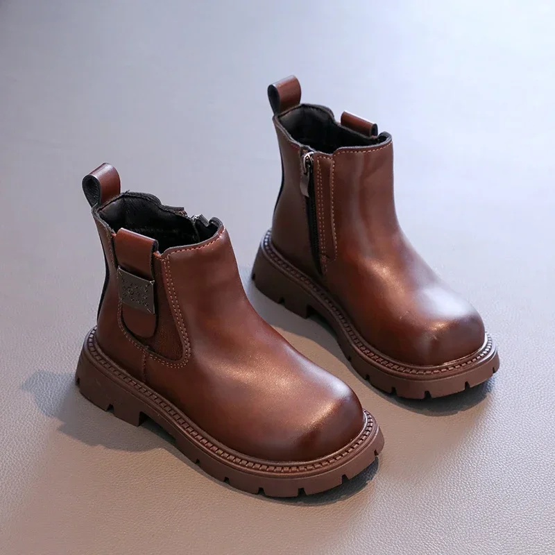 Girl Child Boots Thick Bottom Causal Toddlers Round Leather Boots Fashion Non-slip Versatile Kids Platform Ankle Boots Zipper