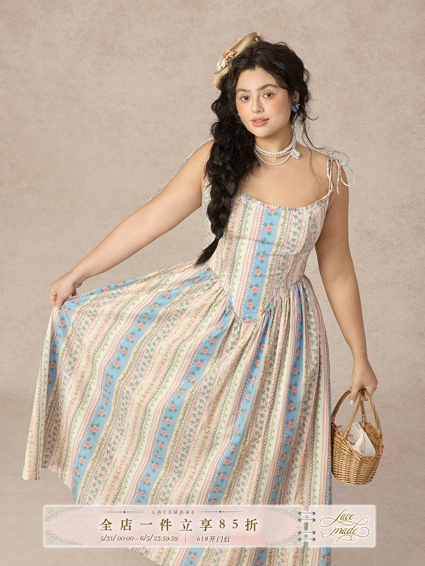 

Large Size Women's Rainbow Bridge Countryside Style Strapless Fishbone Dress Summer Vacation Long Cotton Gown for Ladies