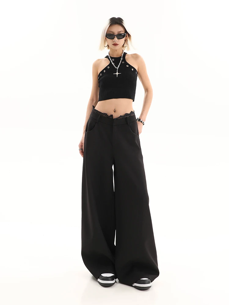 가을 겨울 여성 Y2k 긴 바지 레이스 패치 워크 헐렁한 바지 일본 하라주쿠 2000년대 한국 와이드 레그 팬츠 하이 스트리트