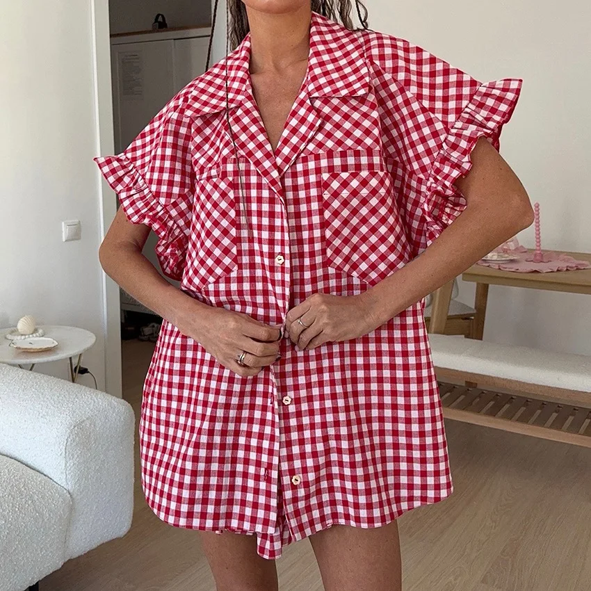 

Lotus Leaf Edge Fashionable Casual Plaid Shirt High Waisted Shorts Set for Women 2025 Summer New Item