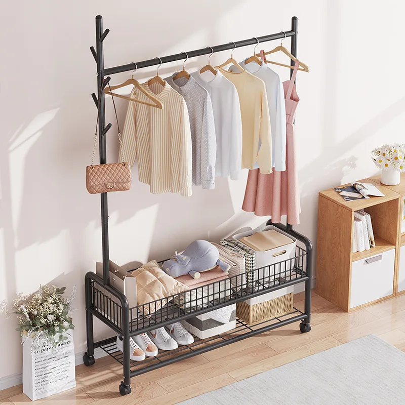 Movable Clothes Rack Floor Hanger Stand Storage Wardrobe Hat Stand Storage Box Bedroom Furniture perchero de pie Coat Rack Hook