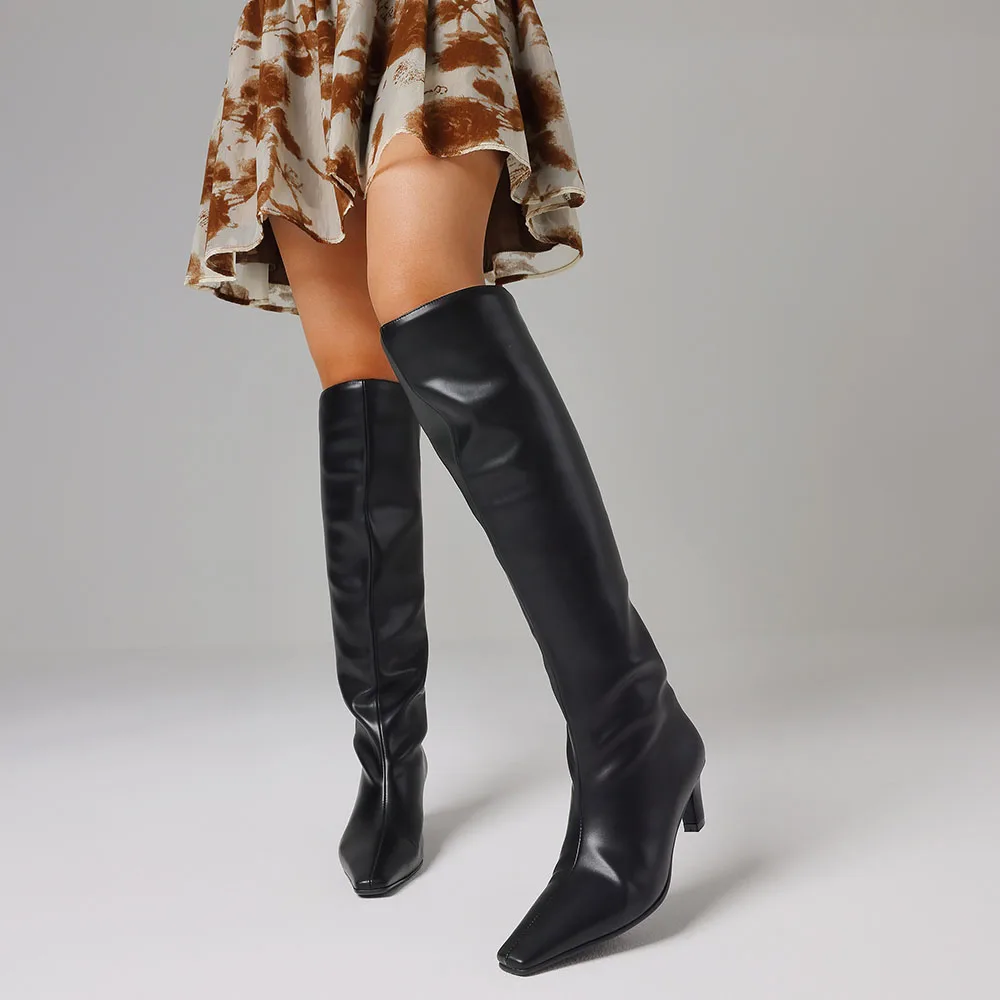 Botas sexis por encima de la rodilla para mujer, botas negras con punta cuadrada y tacón de gatito hasta la rodilla, botas de lujo para discoteca para mujer