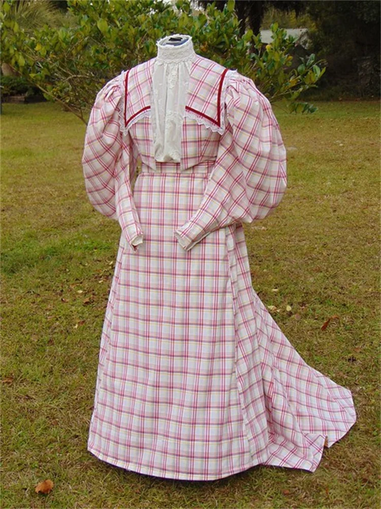 

1860's Victorian Lady Edwardian Dress Historical Victorian Pink Plaid Dress Skirt Costume Civil War Women Suit