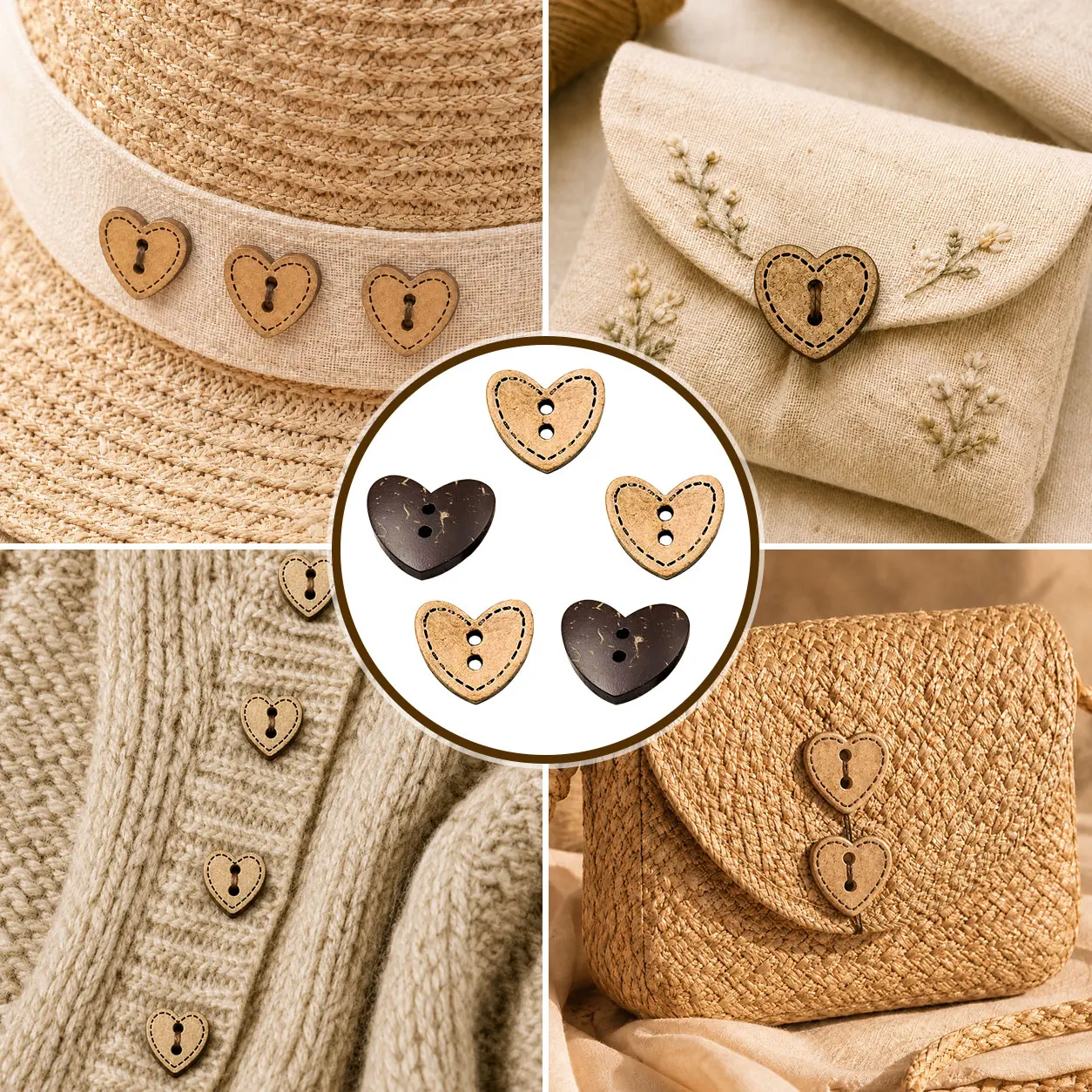 20pcs 19mm Coconut Shell Heart Buttons, Natural Wooden Sewing Buttons for Sweaters, Hats, Bags and DIY Crafts