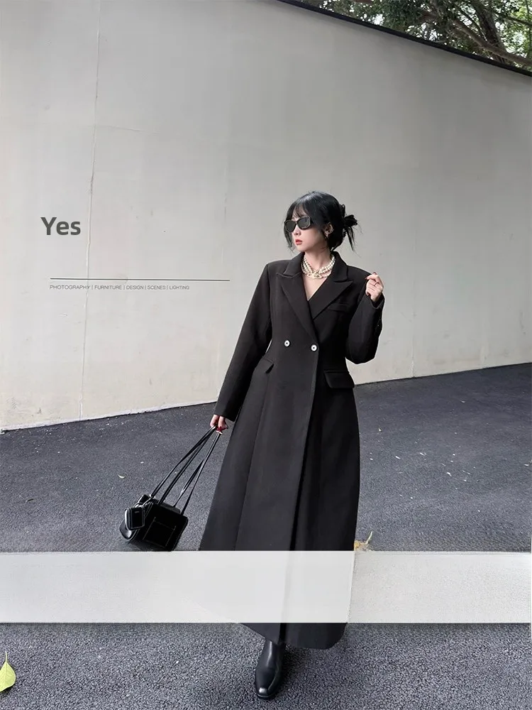 

WAY MODE Retro High-End Slim Fit Woolen Coat Waist-Cinching Autumn Winter Women's Faion Commute Sle Thiened Long Sve