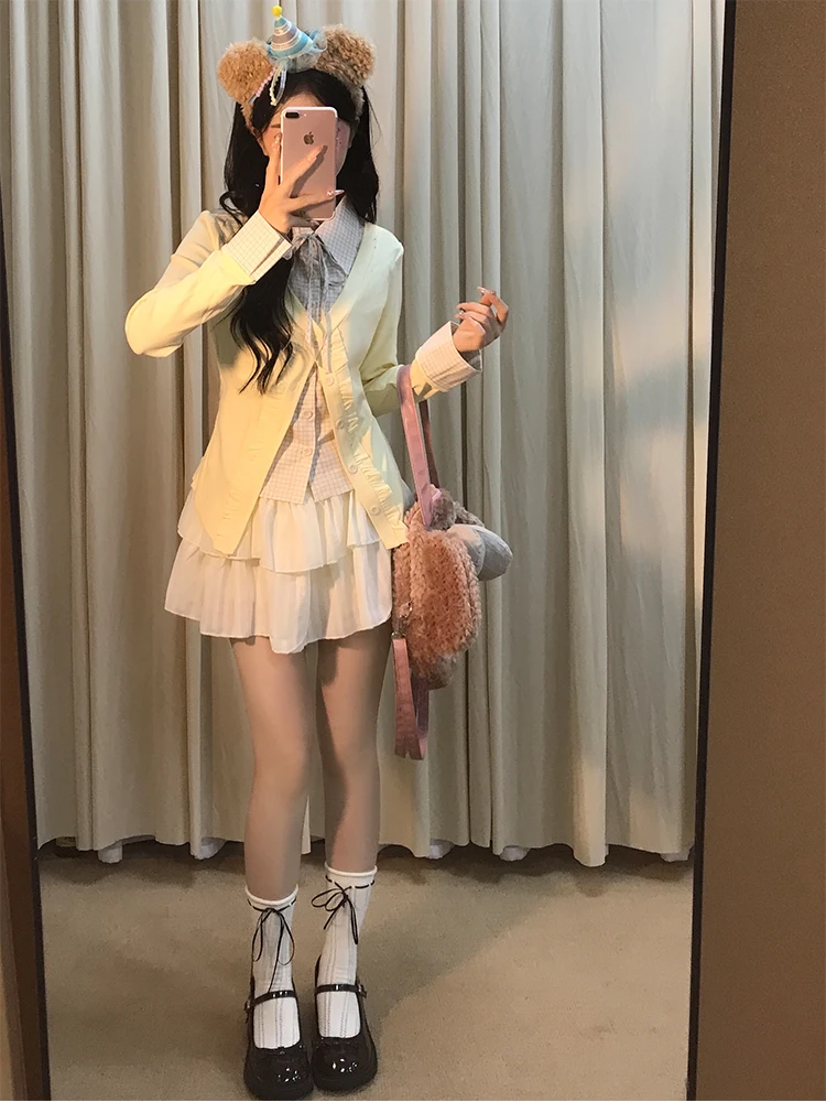 Doux Preppy Sle femmes deux pièces ensemble jupe longue Sve Polyester tissu automne Collection gâteau f jupe faux deux pièces haut