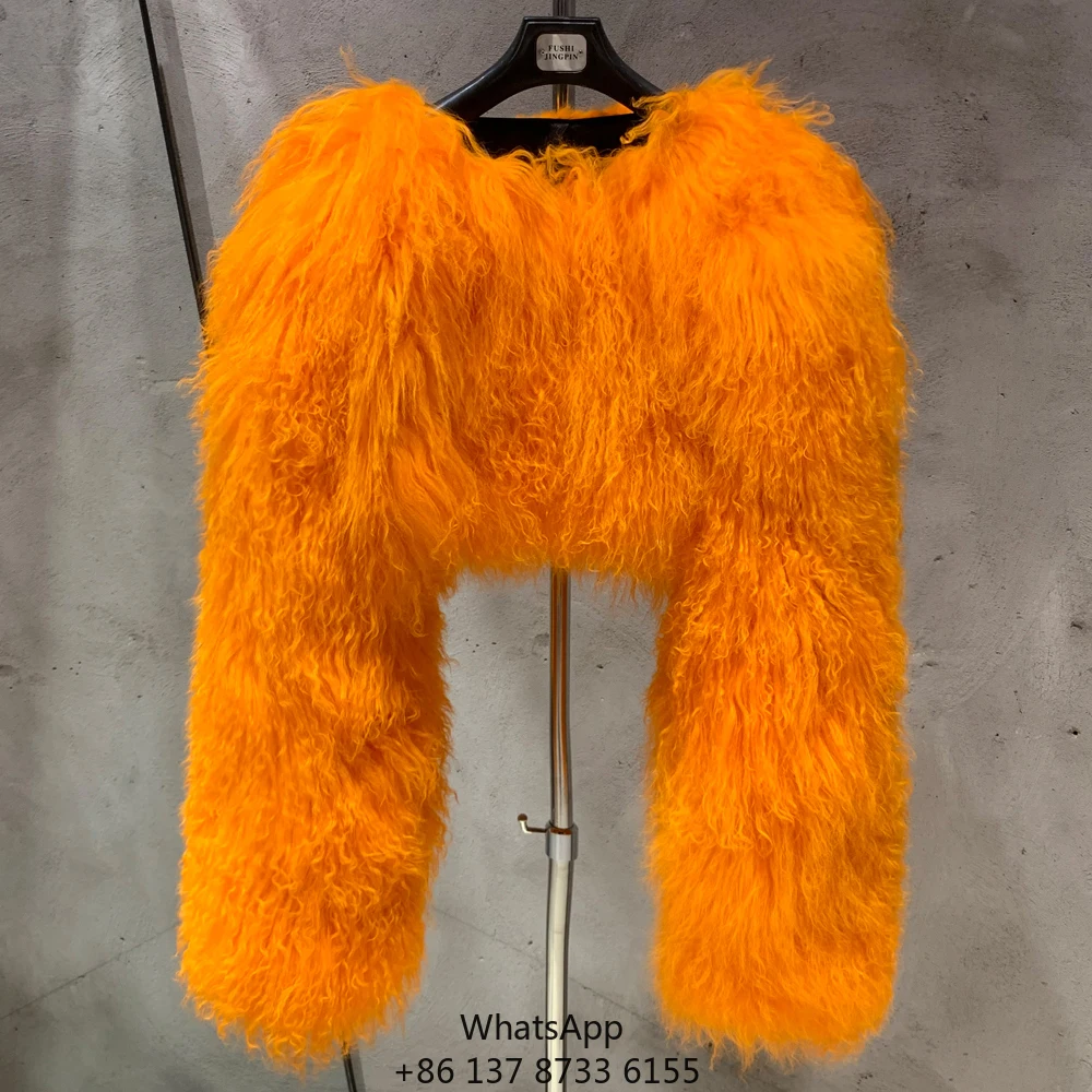 

High Street Cropped Sheep Fur Coat Orange Fluffy Fur Coats Women's Mongolian Lamb Fur Coat
