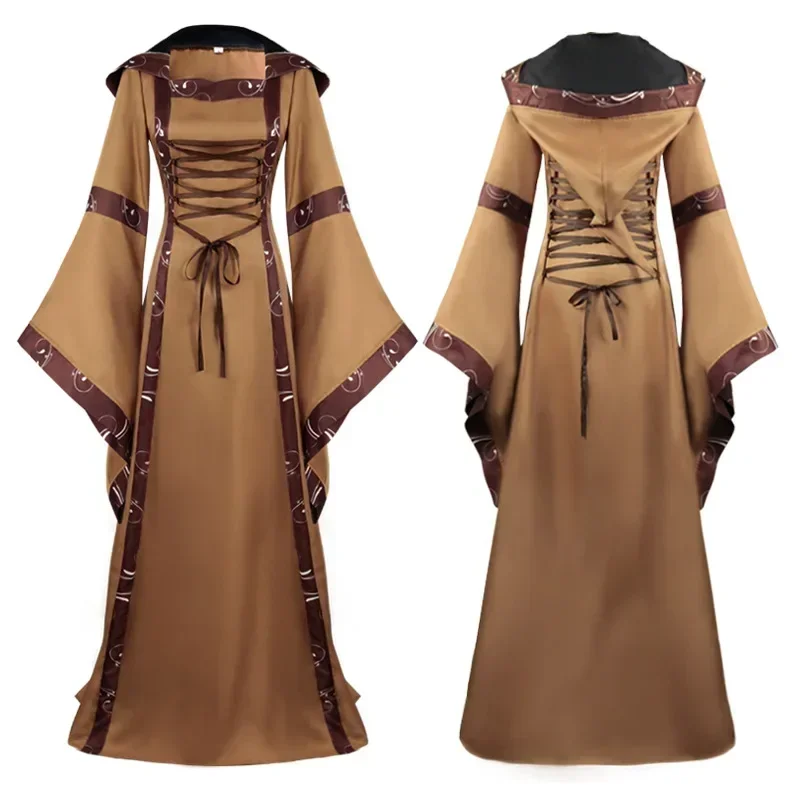 European and American Medieval Retro Hooded Dress Square Neck Tie Bell Sleeves Swing Skirt Anime Cosplay