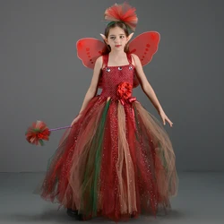 Sparkly Fall Woodland Fairy Girls Gown Tutu Dress Kids Forest Fairyland Princess Costumes with Wings Flowers Party Ball Gown