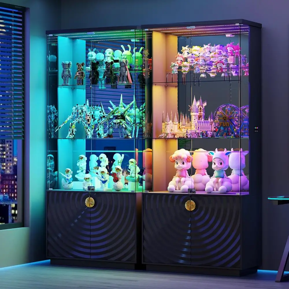 71 Glass Display Cabinet, 4-Tier Curio with 3-Color LED Lights, Lockable, Sensor-Activated, Tall Bookcase with Shelves & Door view 3