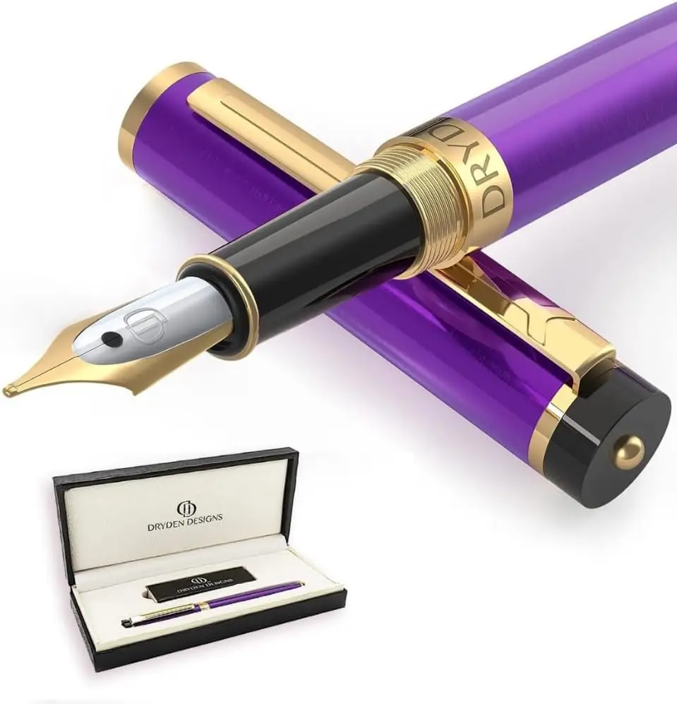 

Premium Fountain Pen with Medium Nib, Includes 6 Ink Cartridges in Decadent Purple - Elegant Gift Box