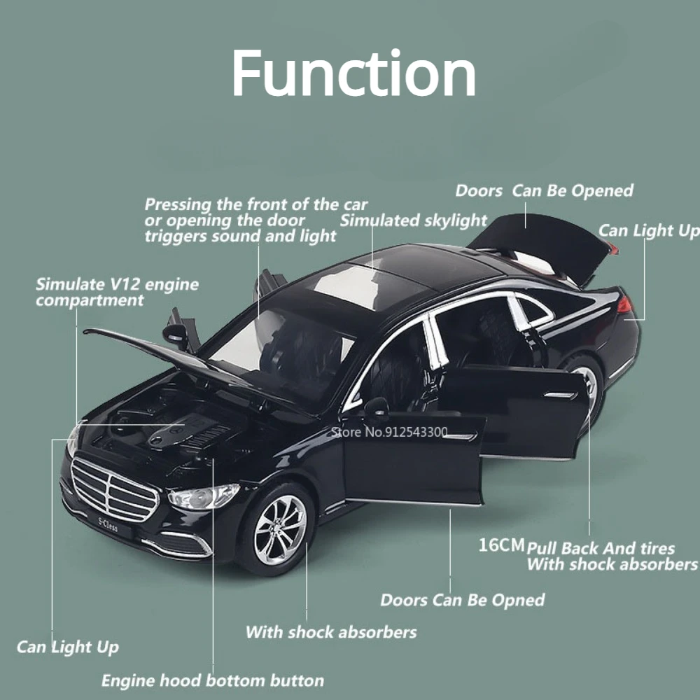 1/32 Scale S400L Toy Car Model Alloy Diecast Simulation Models with Sound Light Pull Back Vehicle Toys for Boys Birthday Gifts