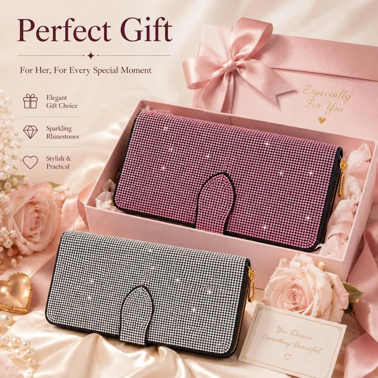 Glitter Diamond Ladies Short Wallet, PU Leather Multi Card Holder, Fashion Zipper Coin Purse for Women