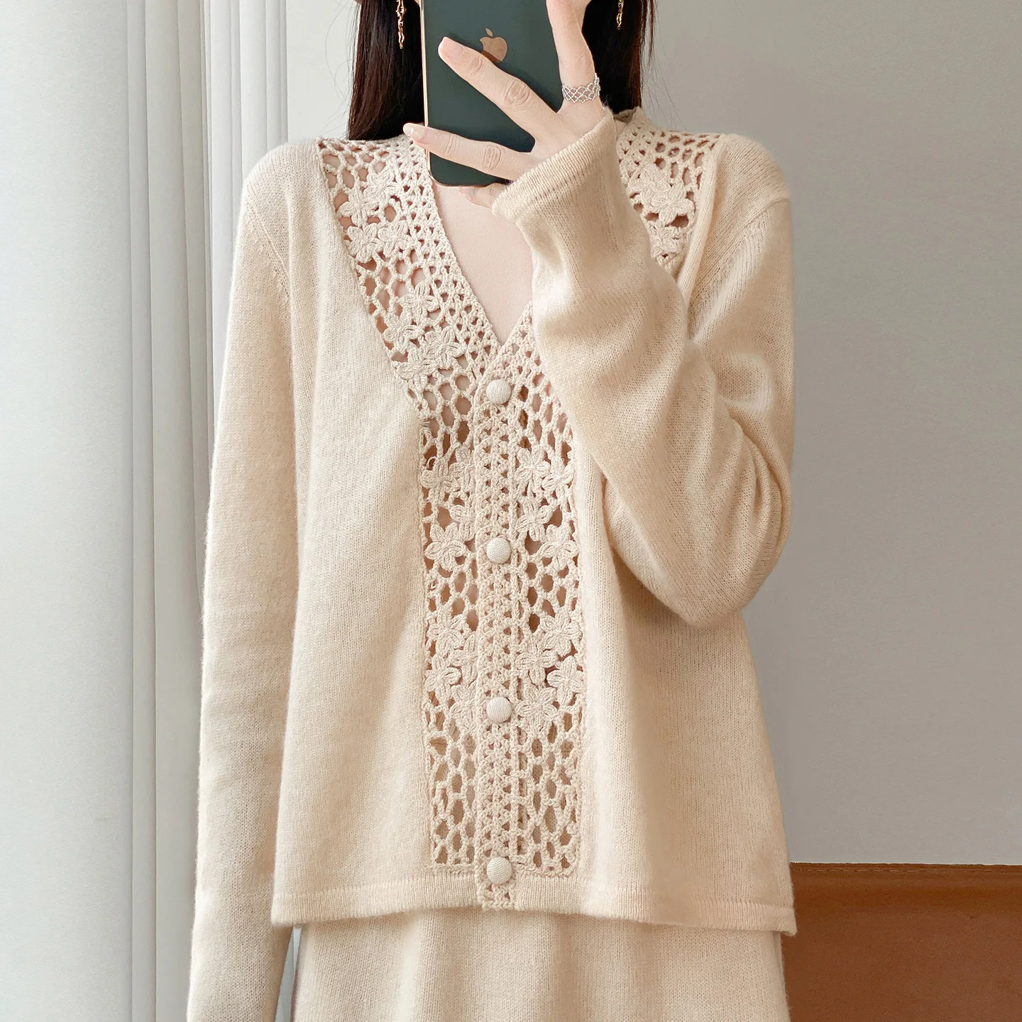 100% Premium Merino Wool Women Sweater Cardigan Elegant V Neck Floral Crochet Hollow Design Long Sleeve Commuter Fall Winter