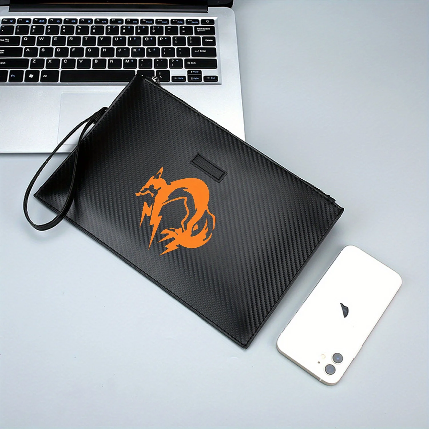 Fox lightning stylized orange silhouette Elegant Printed PU Men's Handbag Fashionable and Practical for Everyday Carry