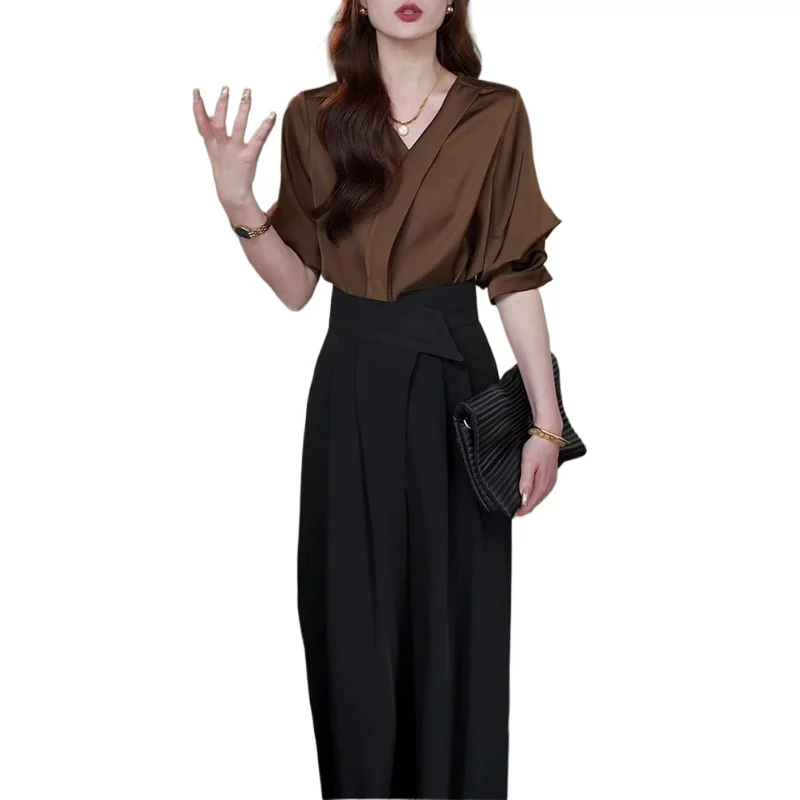 

Женская летняя новая легкая роскошная универсальная темпераментная рубашка + брюки, комплект из двух предметов, элитный модный костюм в Корейском стиле