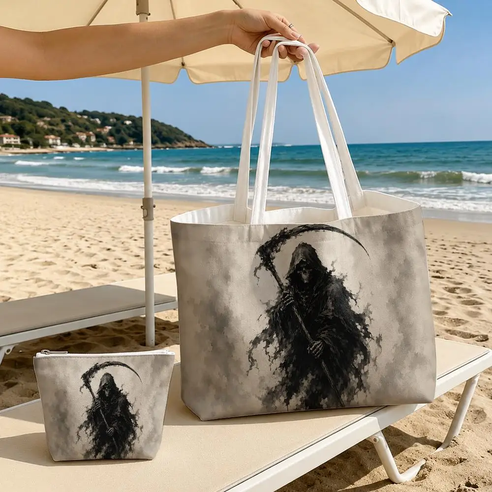 Sacs de rangement Grim Reaper, lot de 2, en toile, avec fermeture éclair, grande capacité, réutilisables, cadeau pour fête d'Halloween, shopping quotidien
