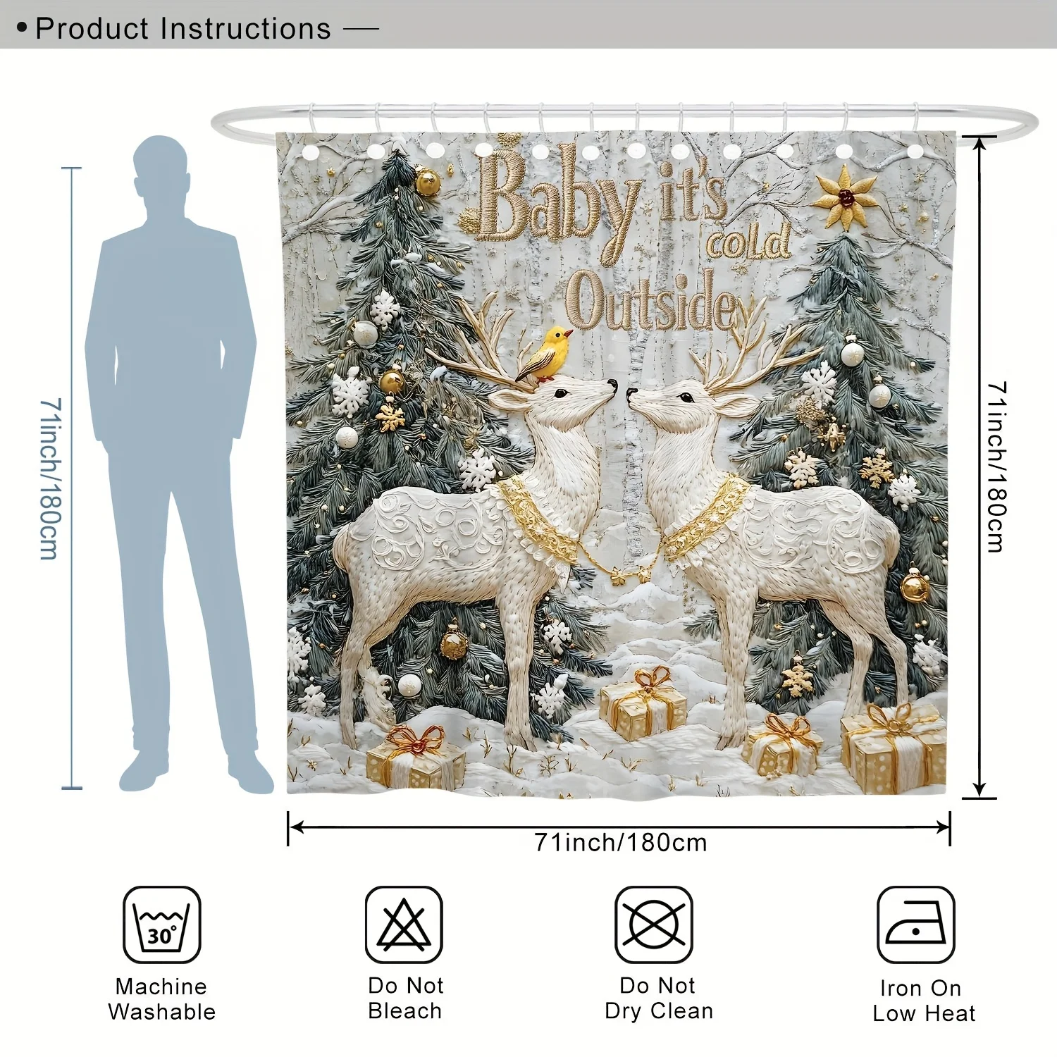 4Pcs Xmas Winter Bath Set,Deer Tree Floral Embroidery-Look, Green White, Christmas Bath Decor, 12 Hooks, Non-Slip U-Shaped Cover