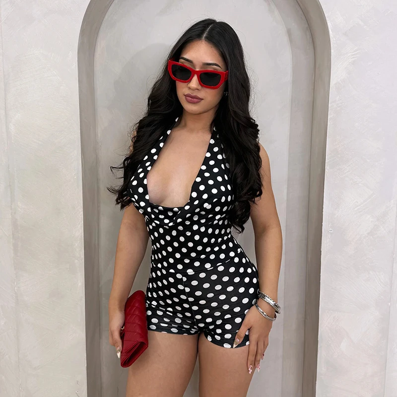 Sexy Polka Dot Bodycon Jumpsuit Woman Summer Clothes One Piece Romper Bandage Halter V-neck Backless Skinny Club Party Playsuit
