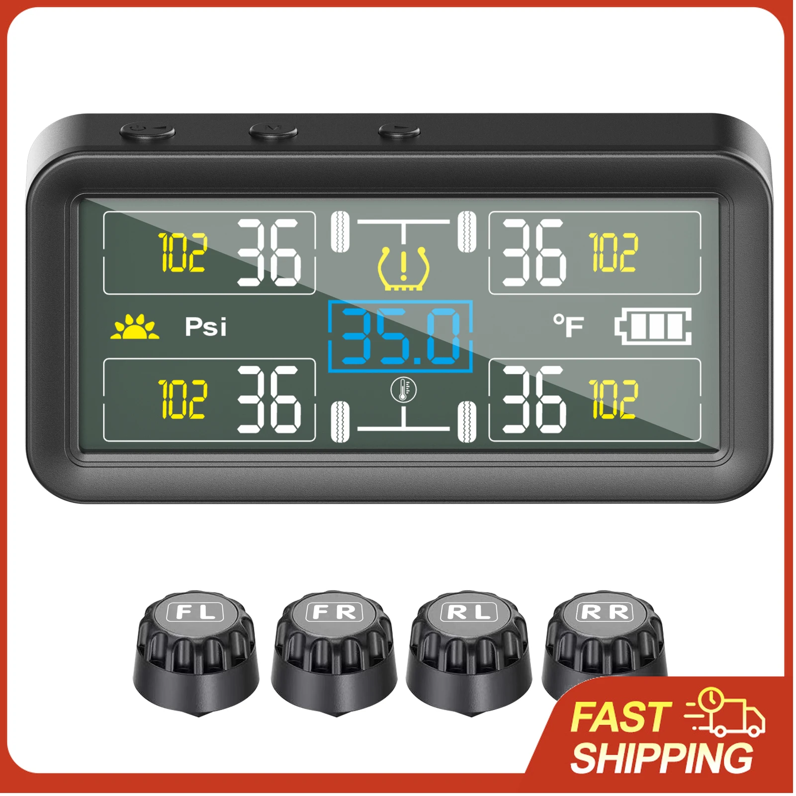 

Tire Pressure Monitor with 4 External Sensors LCD Display Solar and Type-C Charging Temperature for Car SUV Off-Road Vehicle