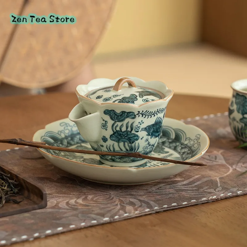 Beige Ru Yao Fish Algae Pattern Hand Covered Bowl Teacup Set Household Kung Fu Tea Set Ceramic Tea Bowl Single