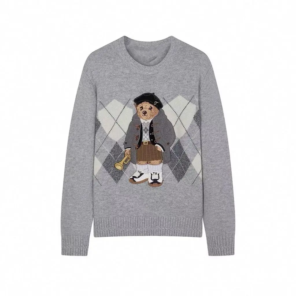 Embroidered Bear Sweater in Pink Blue Gray Vintage Cable Knit 202604