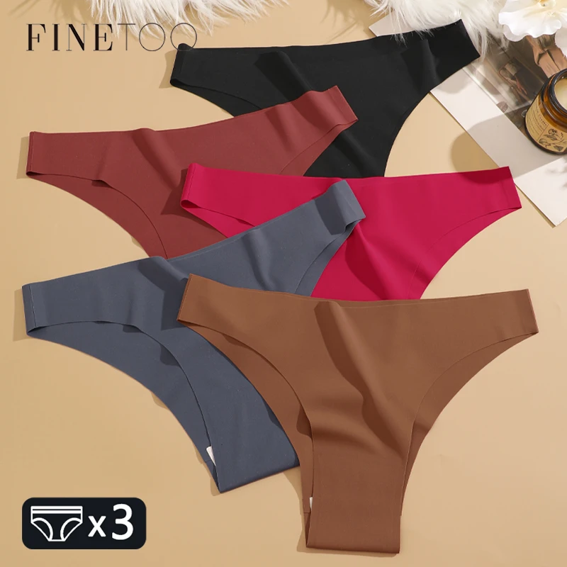 FINETOO 3Pcs Ultra-thin Seamless Silk Underwear Women\'s Panties Sexy Low-Waist Stretch Bikini Solid Color Briefs Lingerie XS-XXL