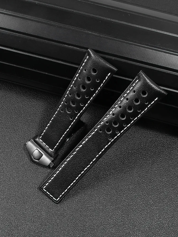 Suitable for TAG Heuer breathable genuine leather watch strap with Calibre Heritage Monaco foldable buckle for men, 22mm