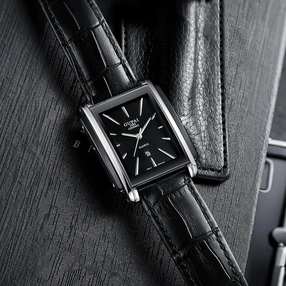 OUpai прямоугольная черная керамика между циферблатом из нержавеющей стали, кожаным ремешком, японским кварцевым механизмом, простая роскошь в деловом стиле