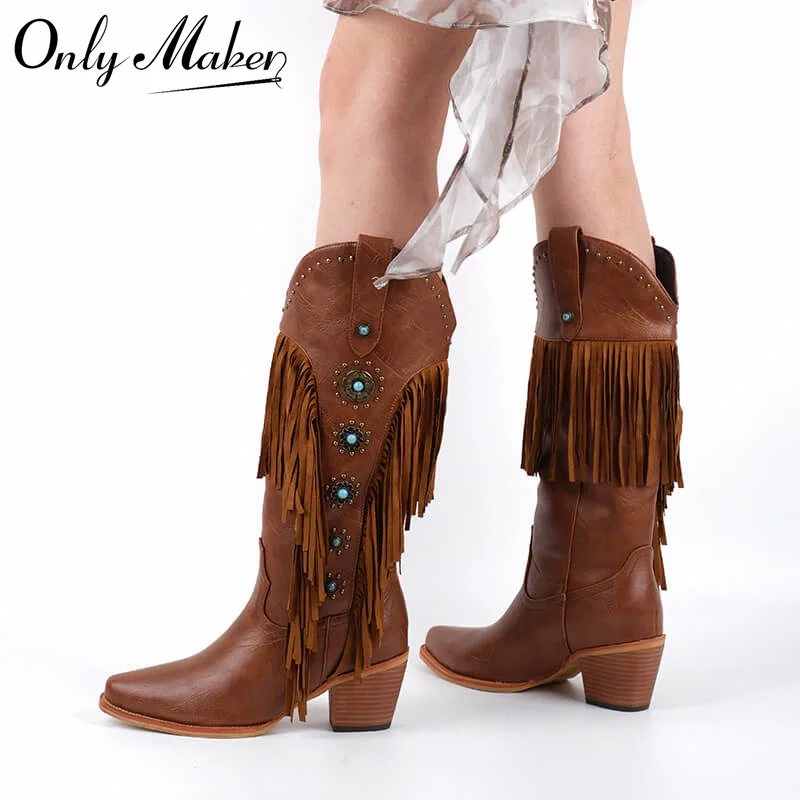 

Onlymaker Women Pointed Toe Fringe Pull-on Knee High Boots Comfy Pull On Mid Calf Chunky Heel Embroidered Western Boots