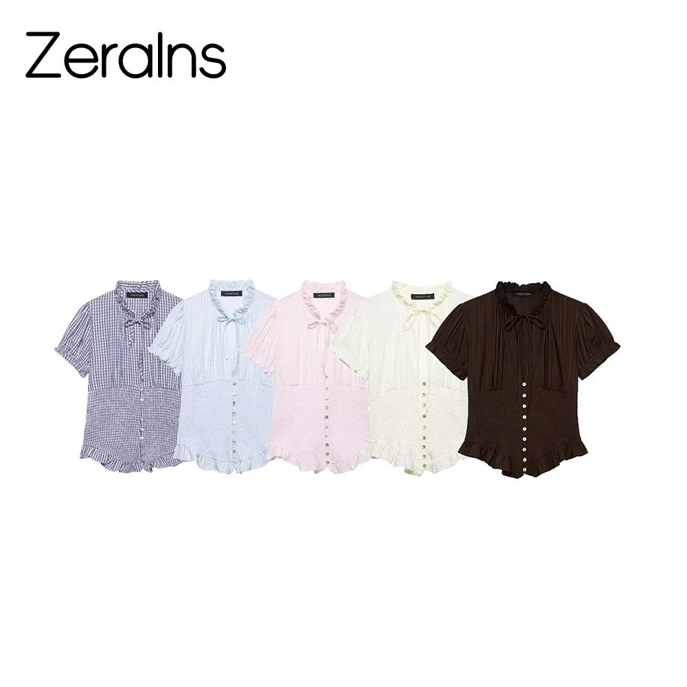 

ZERAINS French retro V-neck lace up bubble sleeve shirt with summer design sense waist cinching slim fit short sleeved top