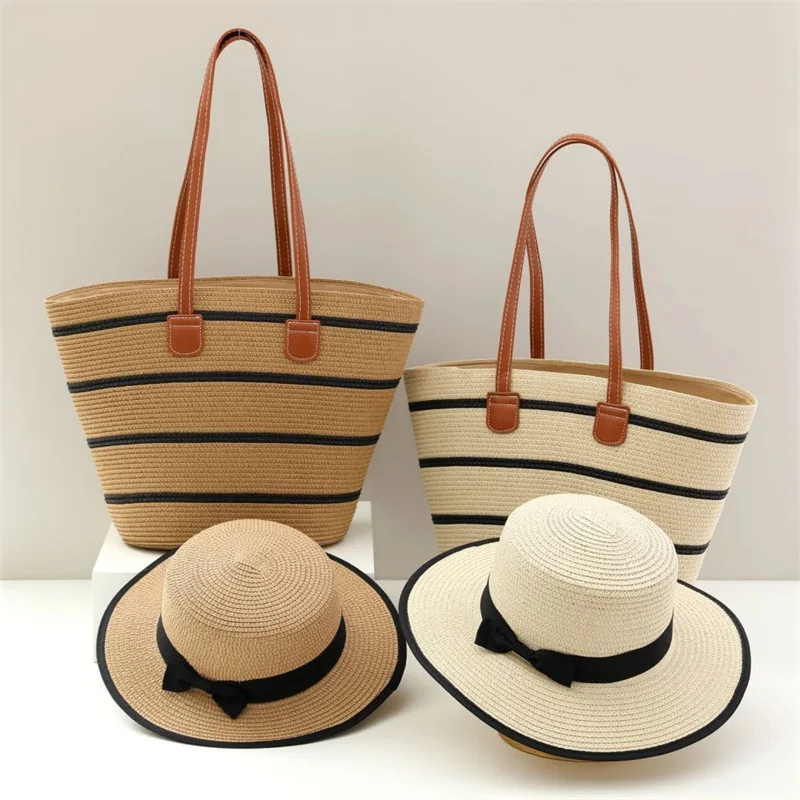 USPOP Straw Sun Hat Bag Two-piece Set for Women Summer Flat Top Straw Hats with  Large Capacity Shoulder Bag