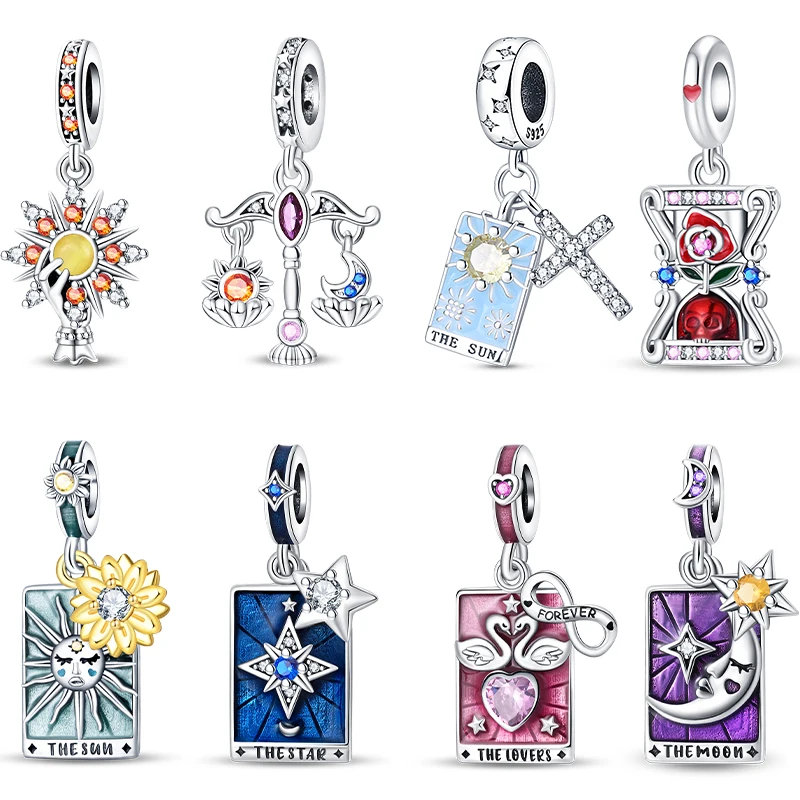 925 Sterling Silver Cupid Star Sun Moon Lucky Divination Tarot Card Design Charms Beads Fit Original Bracelets DIY Gift