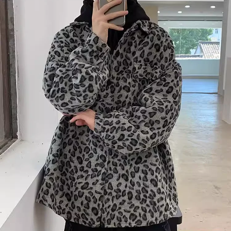 Men Fashion Leopard Graphic Jackets Coats Male Vintage Casual Loose Korean Style Harajuku Jacket Outerwear with Pockets