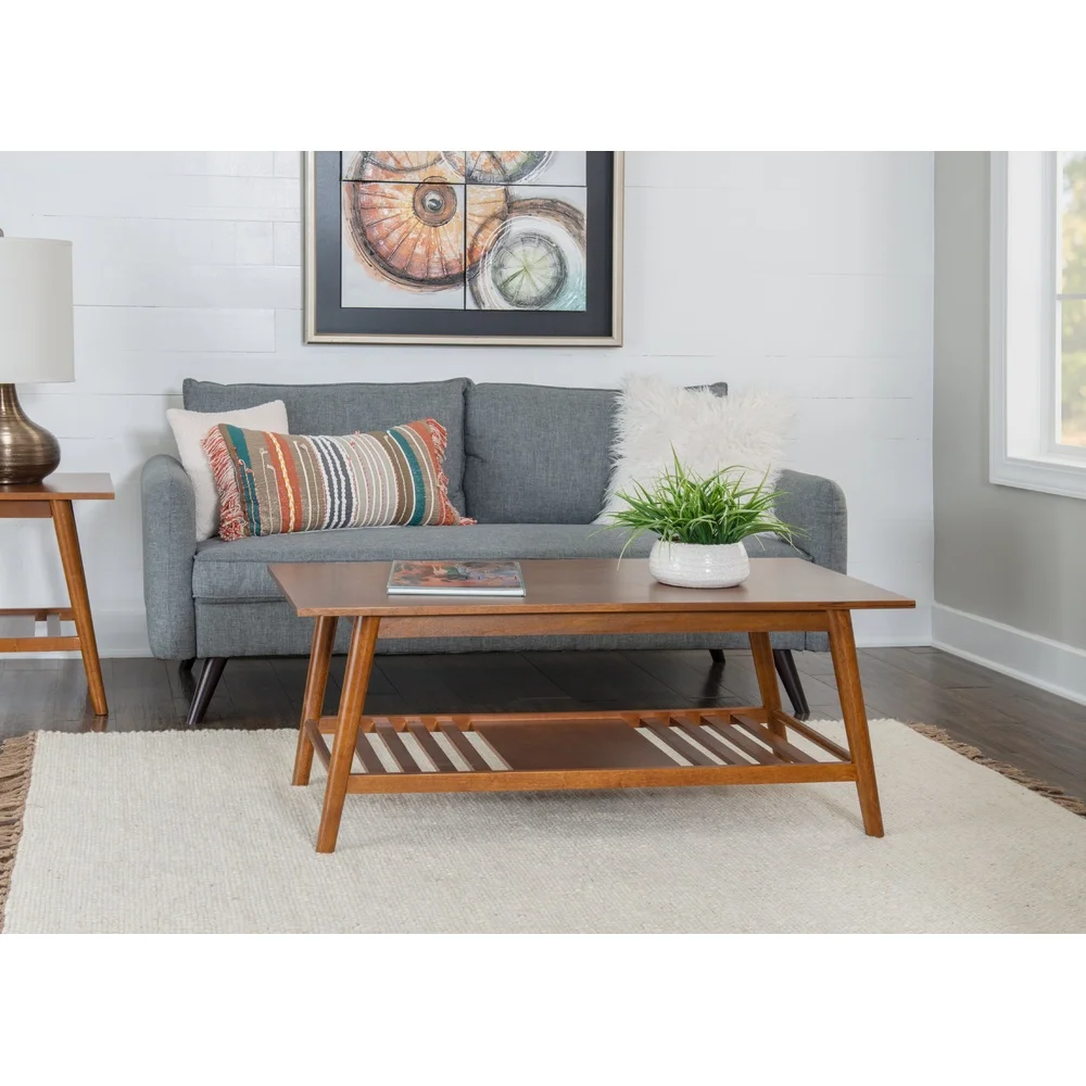 Mid-Century Coffee Table with Shelf Walnut Finish Sleek Design Durable Storage Indoor Use Stylish Rectangle Shape