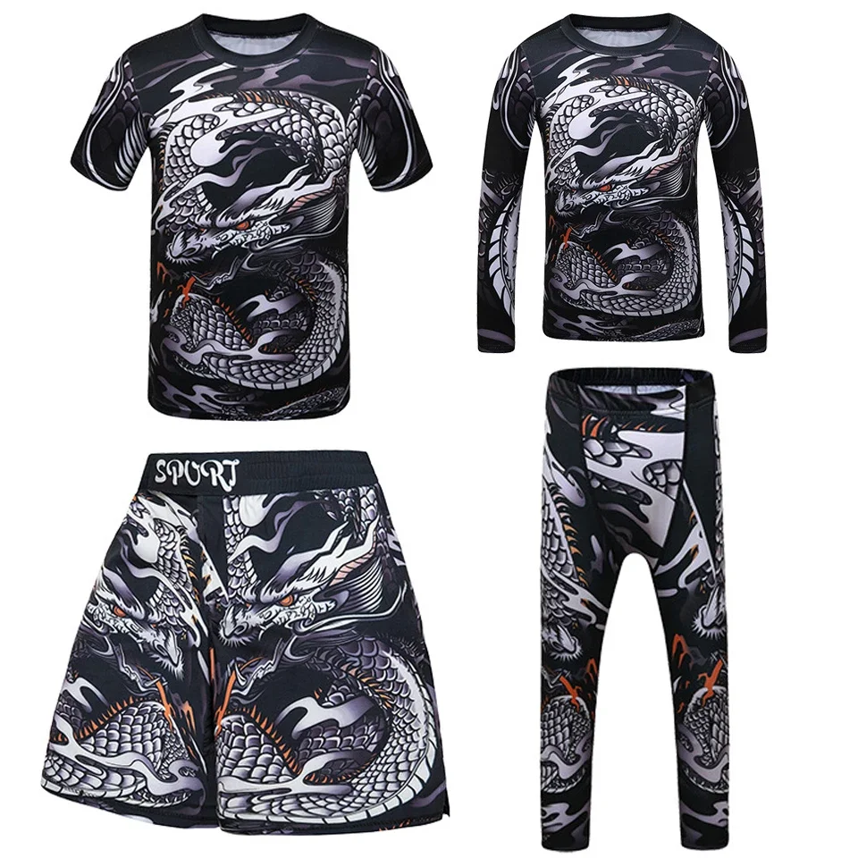 Snake Kids jiu jitsu MMA T-shirt + spodnie Bjj Rashguard KickBoxing zestaw chłopiec dzieci Muay Thai spodenki odzież MMA rajstopy uciskowe