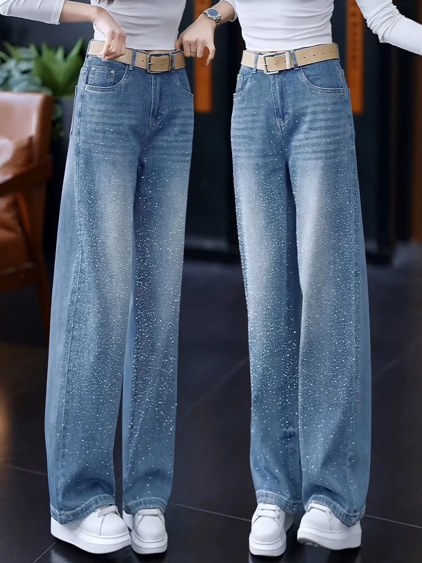 

High Waist Wide Leg Straight Jeans Women's Spring Autumn New Fashion Popular High Waist Slim Fit Diamond Embellished Denim Jeans
