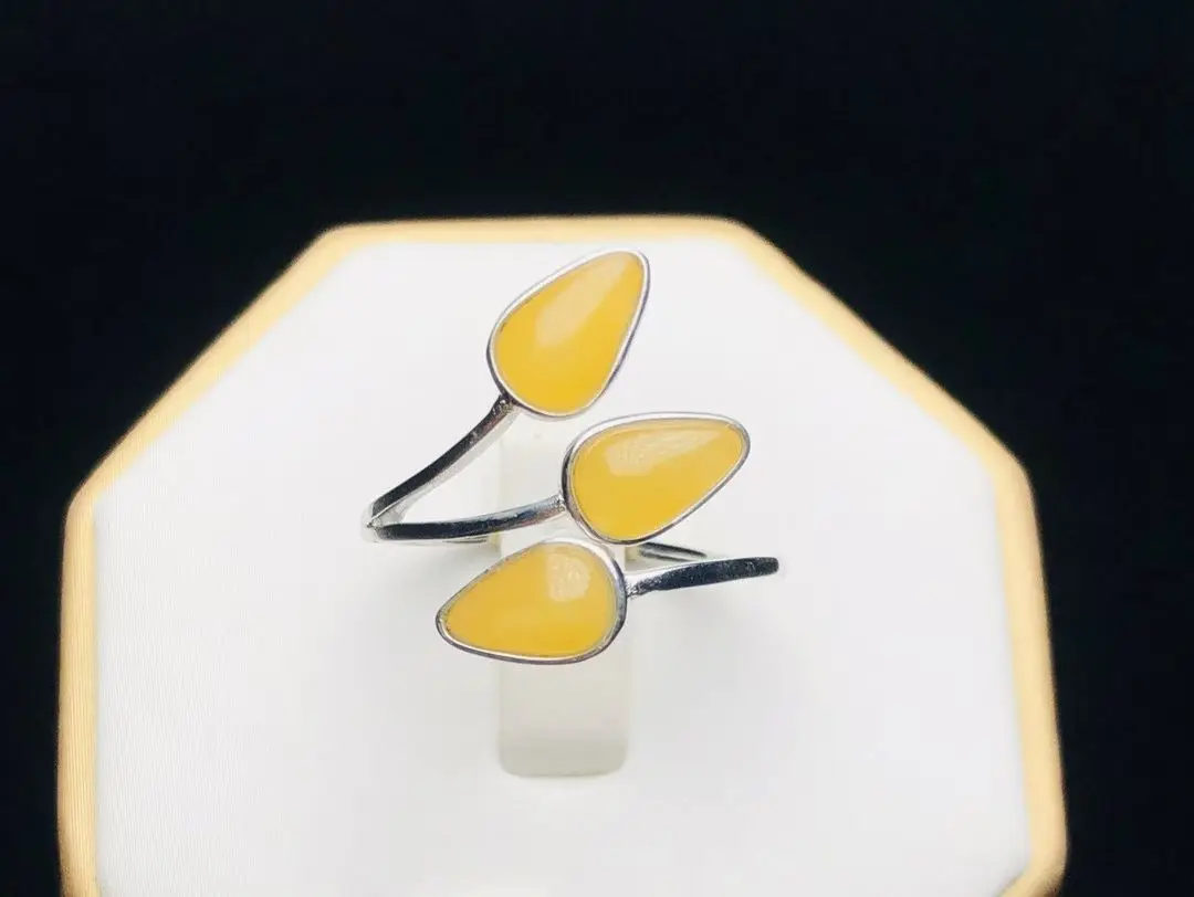 

Certificate 925 Silver Teardrop Gems Stackable Cocktail Ring With Tri Natural Blatic Yellow Amber Silver Unisex Chunky Jewellery