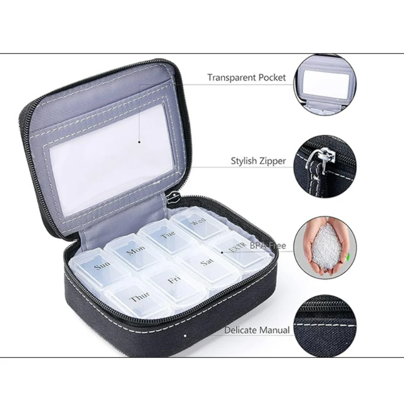 Pill Organizer Case, Weekly Pill Box for Vitamin and Supplement Holder, 7-Day Travel Organizer Medicine Case