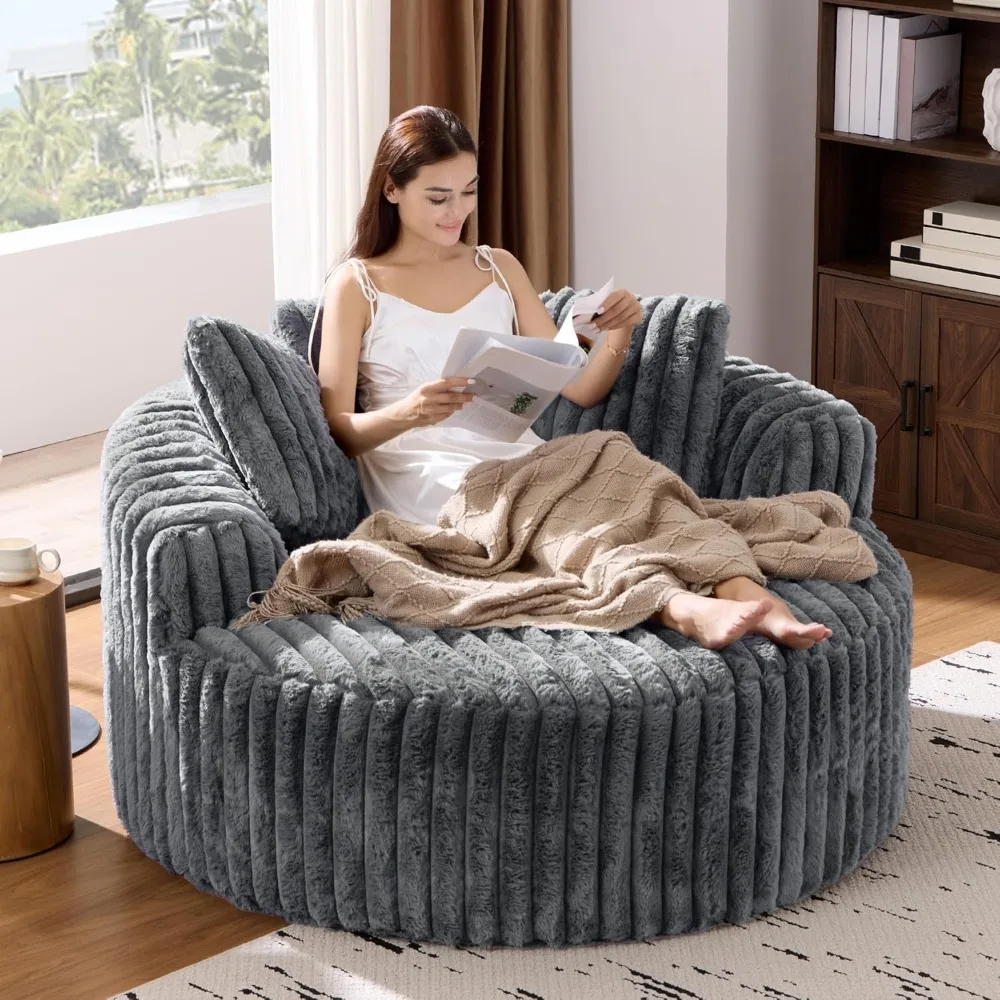 Übergroßer runder Lounge-Chaise für den Innenbereich, Cloud-Couch, gepolstertes Cord-Schlafsofa mit tiefem Sitz, Kissen und rutschfest
