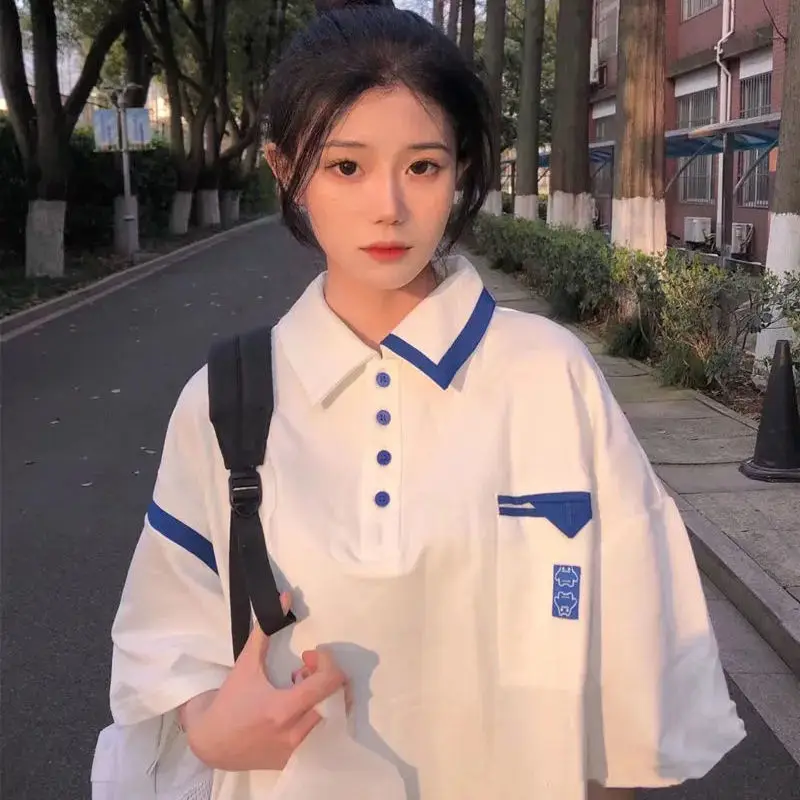 2024 Summer Preppy Style Short Sleeve Women Polo T Shirts Spliced Hit Color Loose Fashion Harajuku Sweet Oversized Clothing Tops