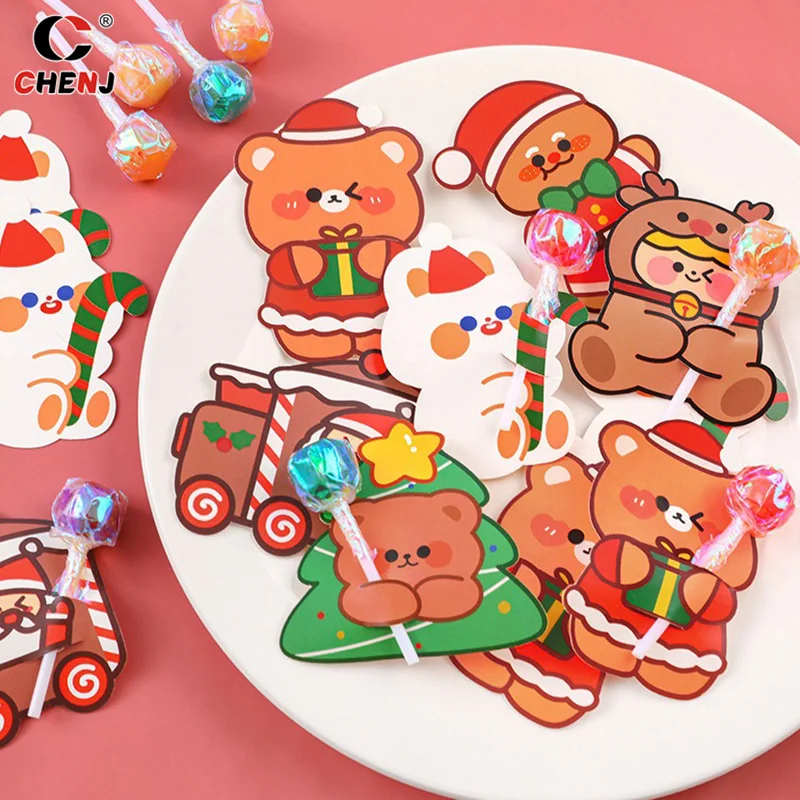 10Pcs Cartoons Lollipop Card Christmas Candy Decorations Packaging Card Cute Xmas Tree Santa Claus Lollipop Holder Gifts