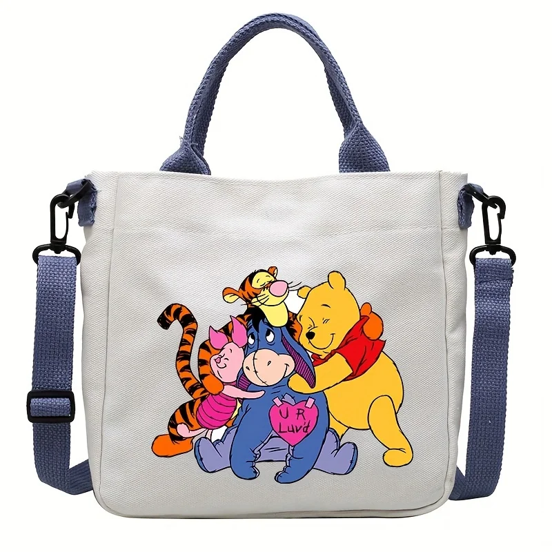 MINISO Disney Winnie The Pooh Delightful Canvas Bag Adorable Cartoon Anime Shoulder Adjustable Removable Strap Spacious Handbag