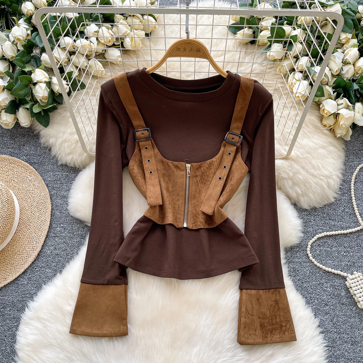 

Шикарная винтажная корейская модная блузка из двух частей с круглым вырезом и длинными рукавами, женская осенняя женская одежда